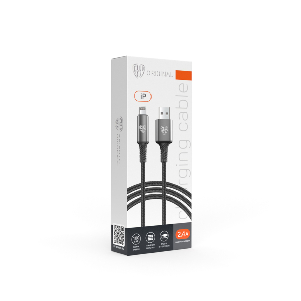 BY Кабель для зарядки Glossy iP, 1м, Быстрая зарядка 2.4А, 12W, тканевый, черный