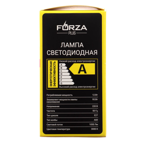 FORZA Лампа светодиодная A60 12 Вт, Е27, 1050 Лм, 3000 К, 175-265 В, Ra>80, IRF <5%