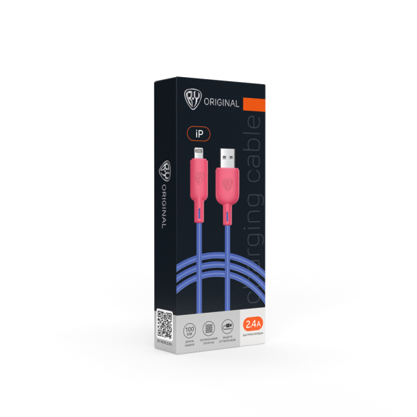 BY Кабель для зарядки Bright iP, 1м, Быстрая зарядка 2.4А, 12W, силикон, сине-малиновый