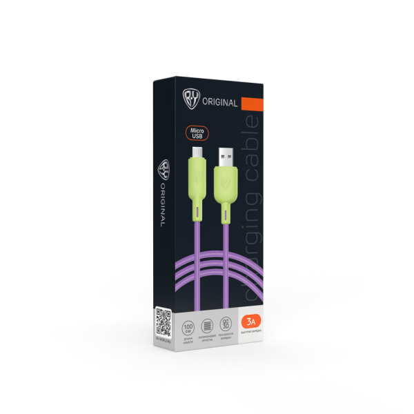 BY Кабель для зарядки Bright microUSB, 1м, Быстрая зарядка 3А, QC, PD 20W, силикон, лимонно-фиолет.