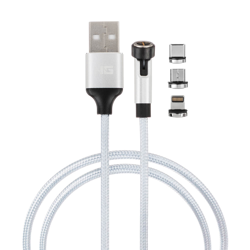 Кабель для зарядки магнитный поворотный 3 в 1, iP/Micro USB/Type-C, 1м, 2.4, тканевая оплетка