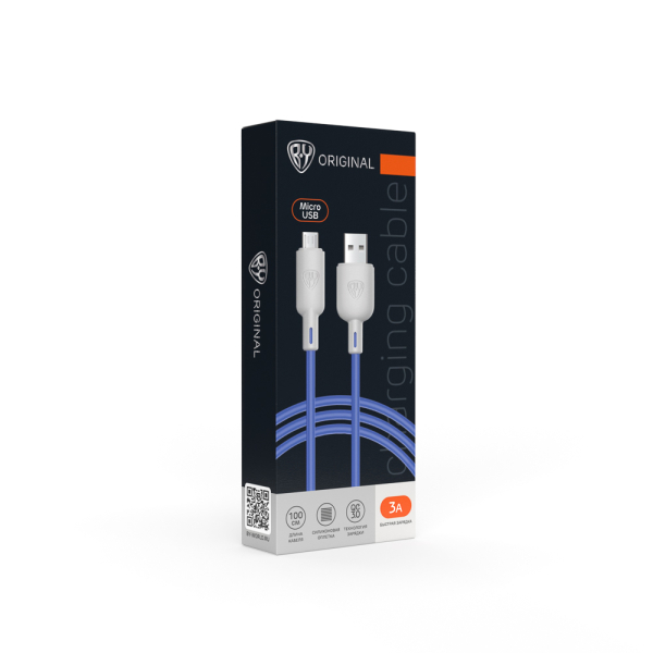 BY Кабель для зарядки Bright microUSB, 1м, Быстрая зарядка 3А, QC, PD 20W, силикон, сине-серый