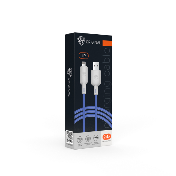 BY Кабель для зарядки Bright iP, 1м, Быстрая зарядка 2.4А, 12W, силикон, сине-серый