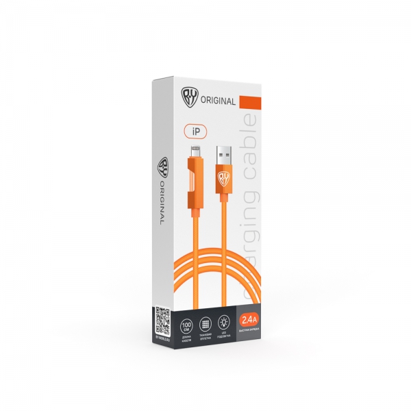 BY Кабель для зарядки Flow iP, 1м, Быстрая зарядка 2.4А, 12W, тканевый, оранжевый