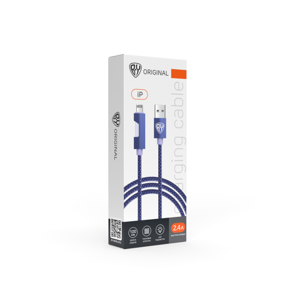 BY Кабель для зарядки Flow iP, 1м, Быстрая зарядка 2.4А, 12W, тканевый, фиолетовый