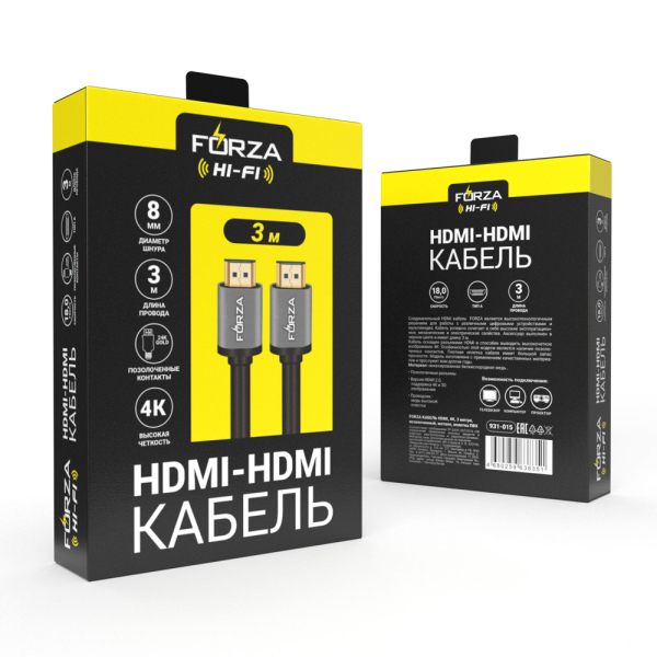 FORZA Кабель HDMI, 4K, 3м, позолоч.контакты, оплётка ПВХ