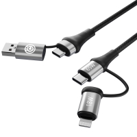 Кабель для зарядки 4в1, USB/Type-C - Type-C (65W)/iP (PD, 18W), 1м, Быстрая зарядка, черный