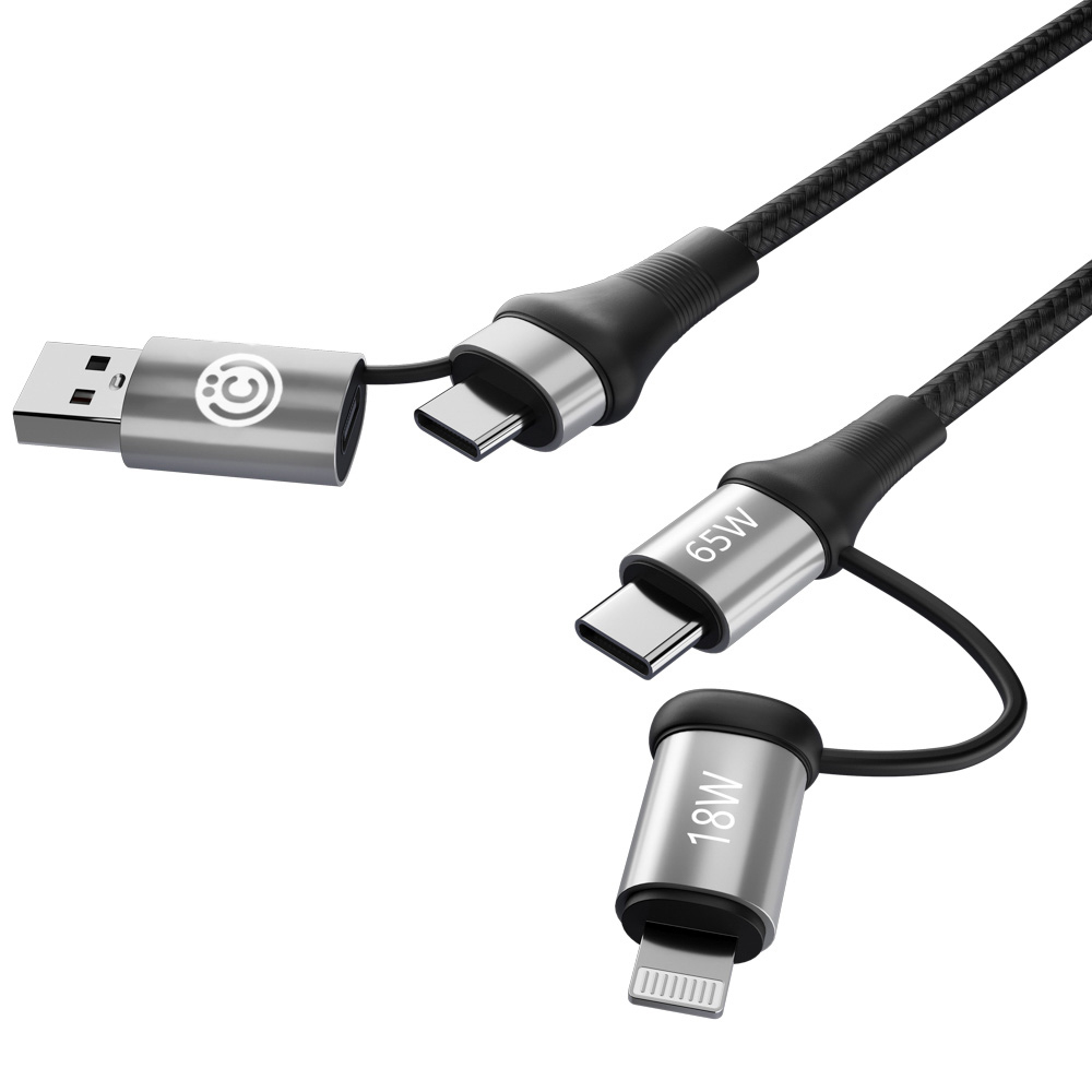 ВСЁГАЗИН Кабель для зарядки 4в1, USB/Type-C - Type-C (65W)/iP (PD, 18W), 1м, Быстрая зарядка, черный