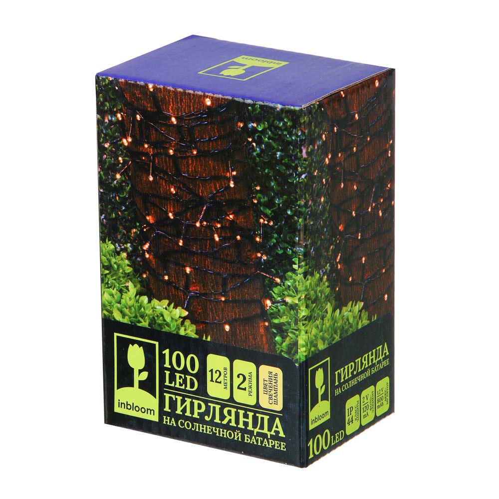 INBLOOM Гирлянда эл. вьюн на солн.батарее, 100LED,12м, шампань, 2 реж.,ПВХ, IP44,2V120mA,1.2V800mAh