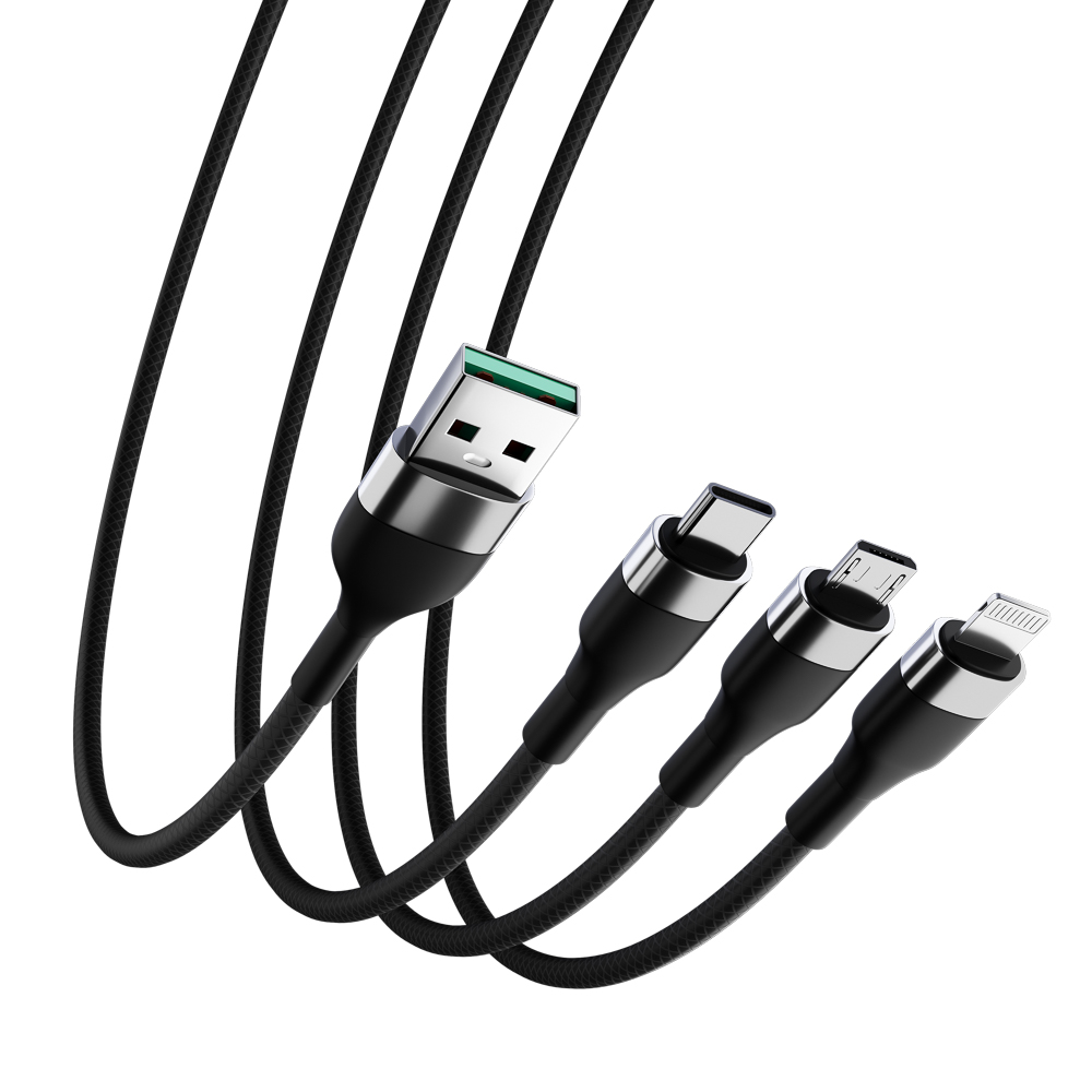 ВСЁГАЗИН Кабель для зарядки 3 в 1, iP/Micro USB/Type-C, 1.5м, 2.1А, тканевая оплётка, черный