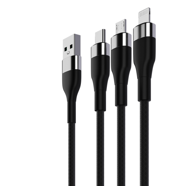 ВСЁГАЗИН Кабель для зарядки 3 в 1, iP/Micro USB/Type-C, 1.5м, 2.1А, тканевая оплётка, черный