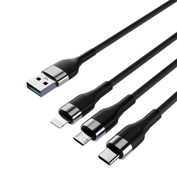 ВСЁГАЗИН Кабель для зарядки 3 в 1, iP/Micro USB/Type-C, 1.5м, 2.1А, тканевая оплётка, черный