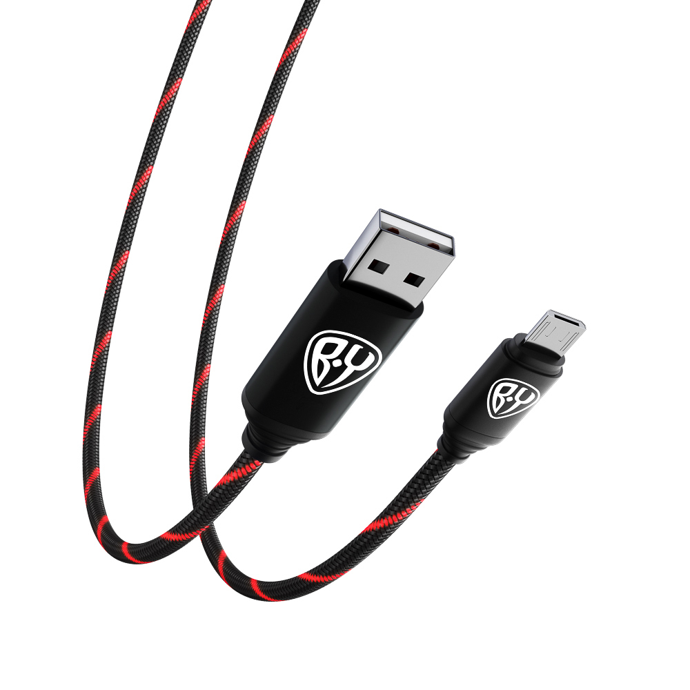 BY Кабель для зарядки Армированный Micro USB, 1м, 3А, Быстрая  зарядка QC3.0, LED подсветка красная