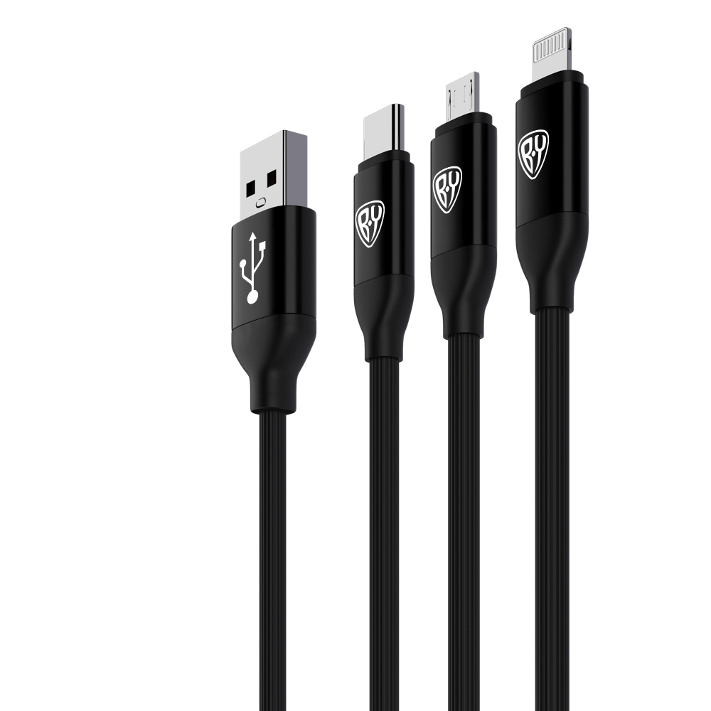 BY Кабель для зарядки 3 в 1 iP/Micro USB/Type-C, 1.5м, 2.4А, прорезиненная оплетка, черный