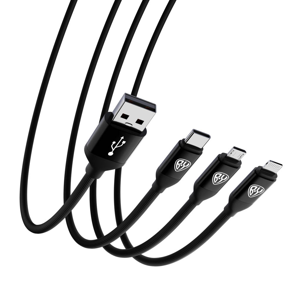 BY Кабель для зарядки 3 в 1 iP/Micro USB/Type-C, 1.5м, 2.4А, прорезиненная оплетка, черный