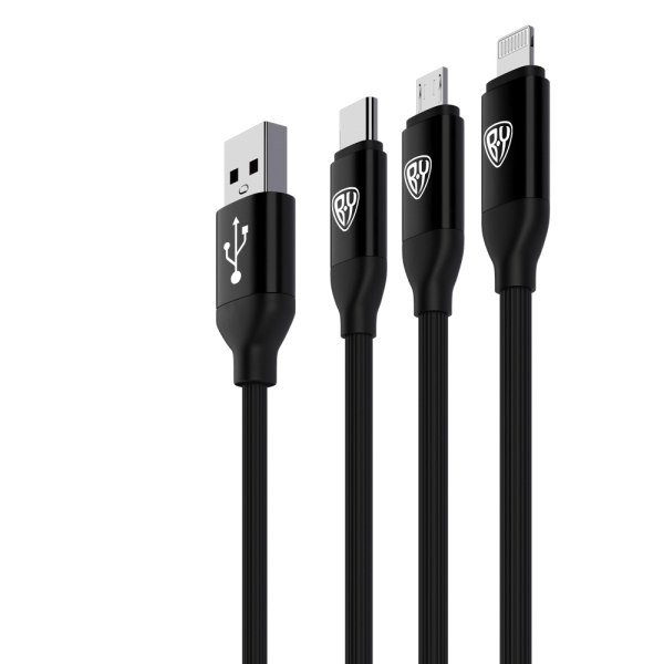 BY Кабель для зарядки 3 в 1 iP/Micro USB/Type-C, 1.5м, 2.4А, прорезиненная оплетка, черный