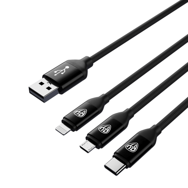 BY Кабель для зарядки 3 в 1 iP/Micro USB/Type-C, 1.5м, 2.4А, прорезиненная оплетка, черный