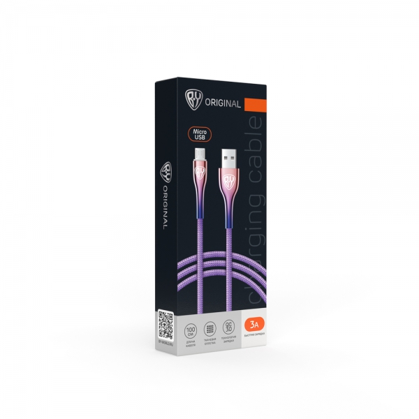 BY Кабель для зарядки Jam microUSB, 1м, Быстрая зарядка 3А, QC, PD 20W, тканевый, фиолетовый