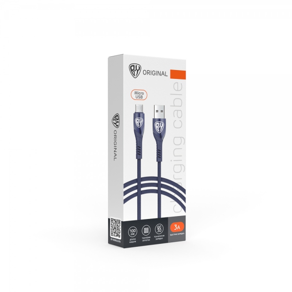 BY Кабель для зарядки Navy microUSB, 1м, Быстрая зарядка 3А, QC, PD 20W, тканевый, синий