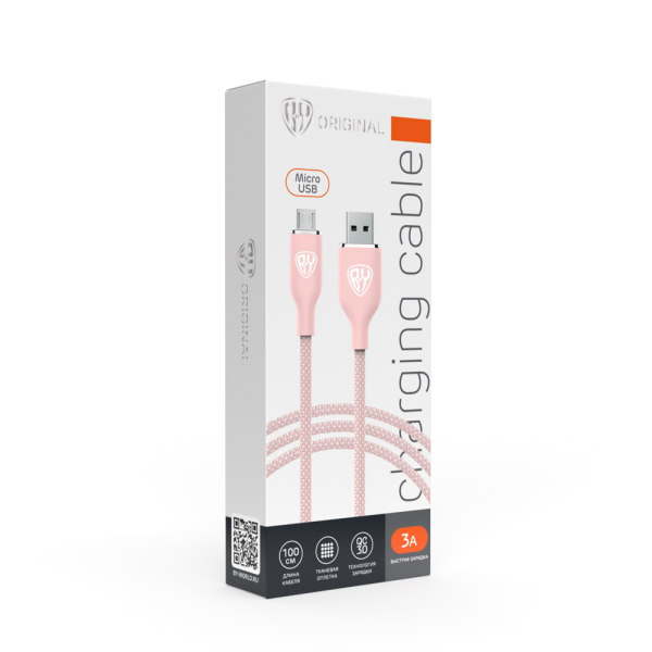 BY Кабель для зарядки Elite Micro USB, 3А, 1м, Быстрая зарядка QC3.0, 100см, розовый