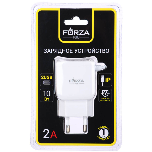 FORZA Сетевое зарядное устройство Старт, встроенный кабель, 2xUSB, 2А, 5В, Белый