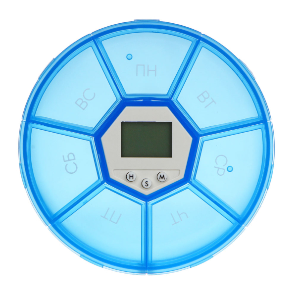 Бокс для таблеток с таймером, 7 секций, пластик, металл, d11см, h2,5см