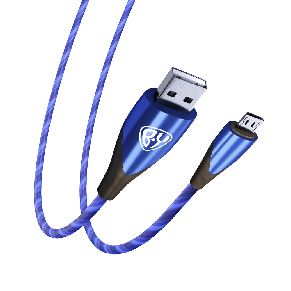 BY Кабель для зарядки Светящийся Micro USB, GLITTER LIGHT, 1м, 3А, Быстрая зарядка, подсветка синяя