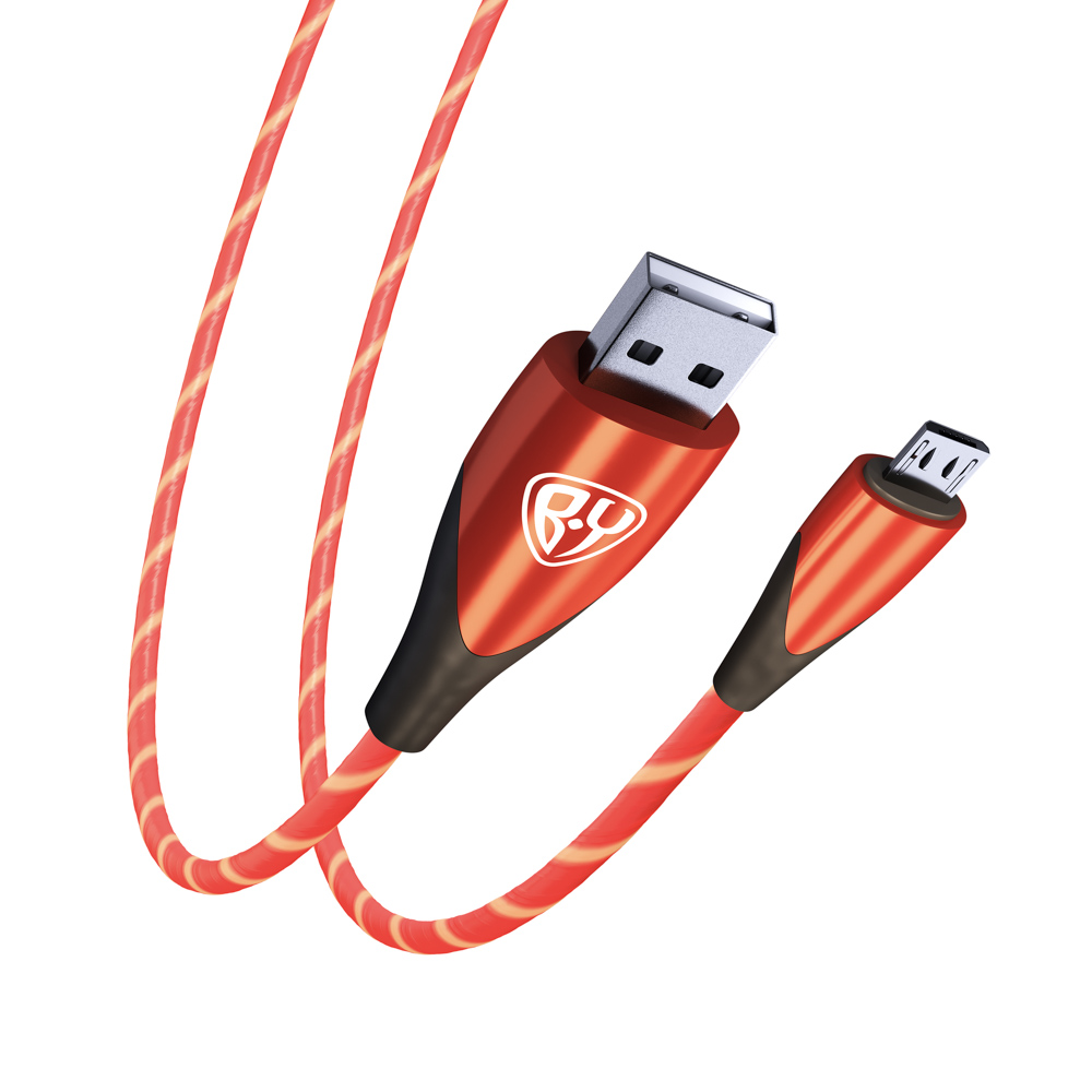 BY Кабель для зарядки Светящийся Micro USB, GLITTER LIGHT, 1м, 3А, Быстрая зарядка, подсвет. красная