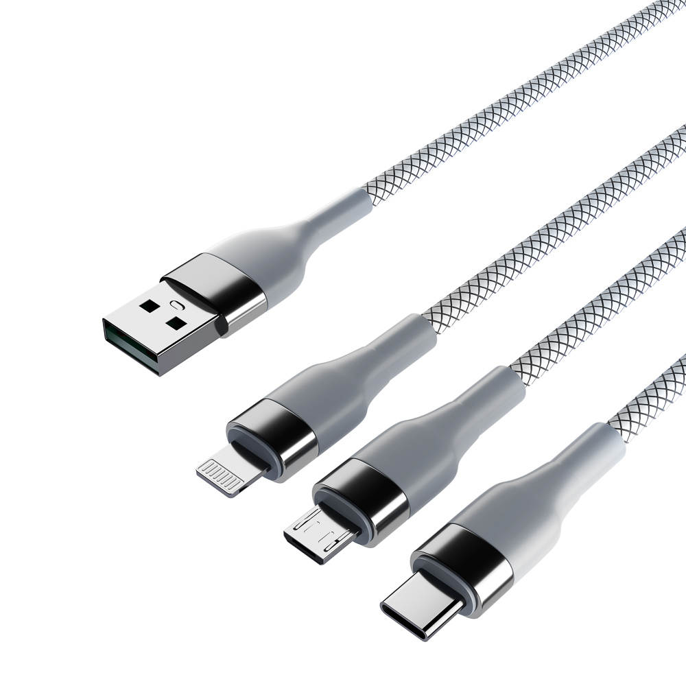 BY Кабель для зарядки 3 в 1, iP/Micro USB/Type-C, 1.5м, 2.1А, тканевая оплётка, металлик, серый