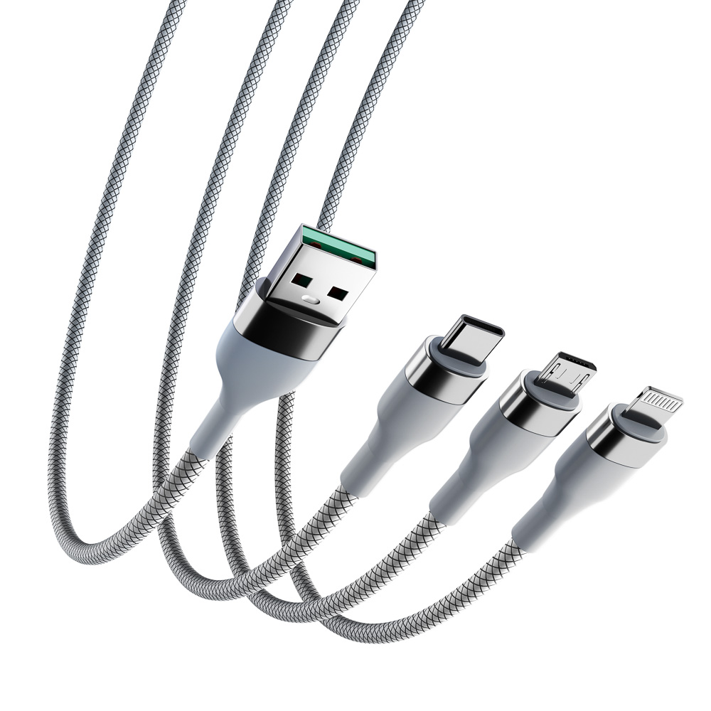 BY Кабель для зарядки 3 в 1, iP/Micro USB/Type-C, 1.5м, 2.1А, тканевая оплётка, металлик, серый